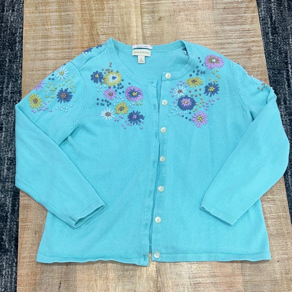 Appleseed's Teal Floral Embroidered Cardigan